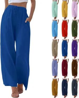 Women's 2025 Summer Linen Palazzo Pants High Waisted Flowy Wide Leg Beach Pants Palazzo Lounge Pant Trousers with Pocket