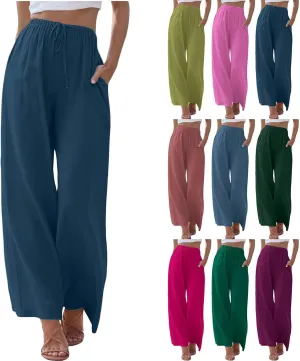 Women's 2025 Summer Linen Palazzo Pants High Waisted Flowy Wide Leg Beach Pants Palazzo Lounge Pant Trousers with Pocket