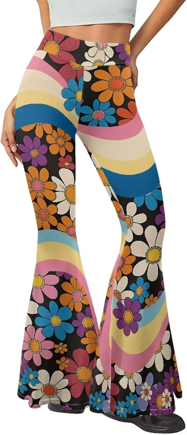 Women's 70S Yoga Pants Flare Ladies Hippie Flower Flared Leggings Athletic Leggings High Waisted Workout Pants