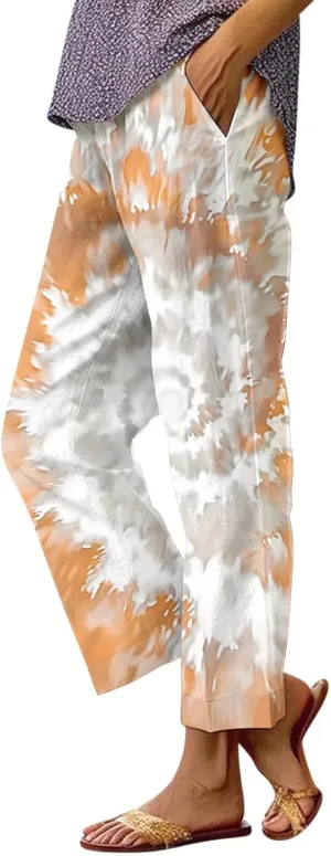 Women's Boho Floral Casual Pants Summer Wide Leg Elastic Waist Beach Vacation Retro Trousers with Pockets Plus Size