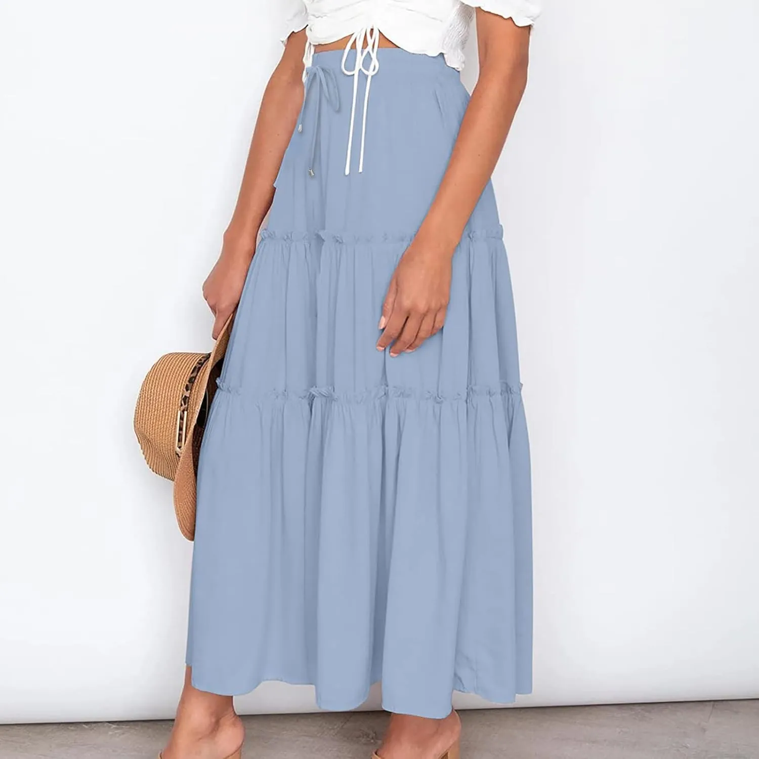 Women's Boho Long Skirts Summer Casual Ruffle Tiered Swing Beach Dress Drawstring Elastic Waist A-Line Maxi Skirt