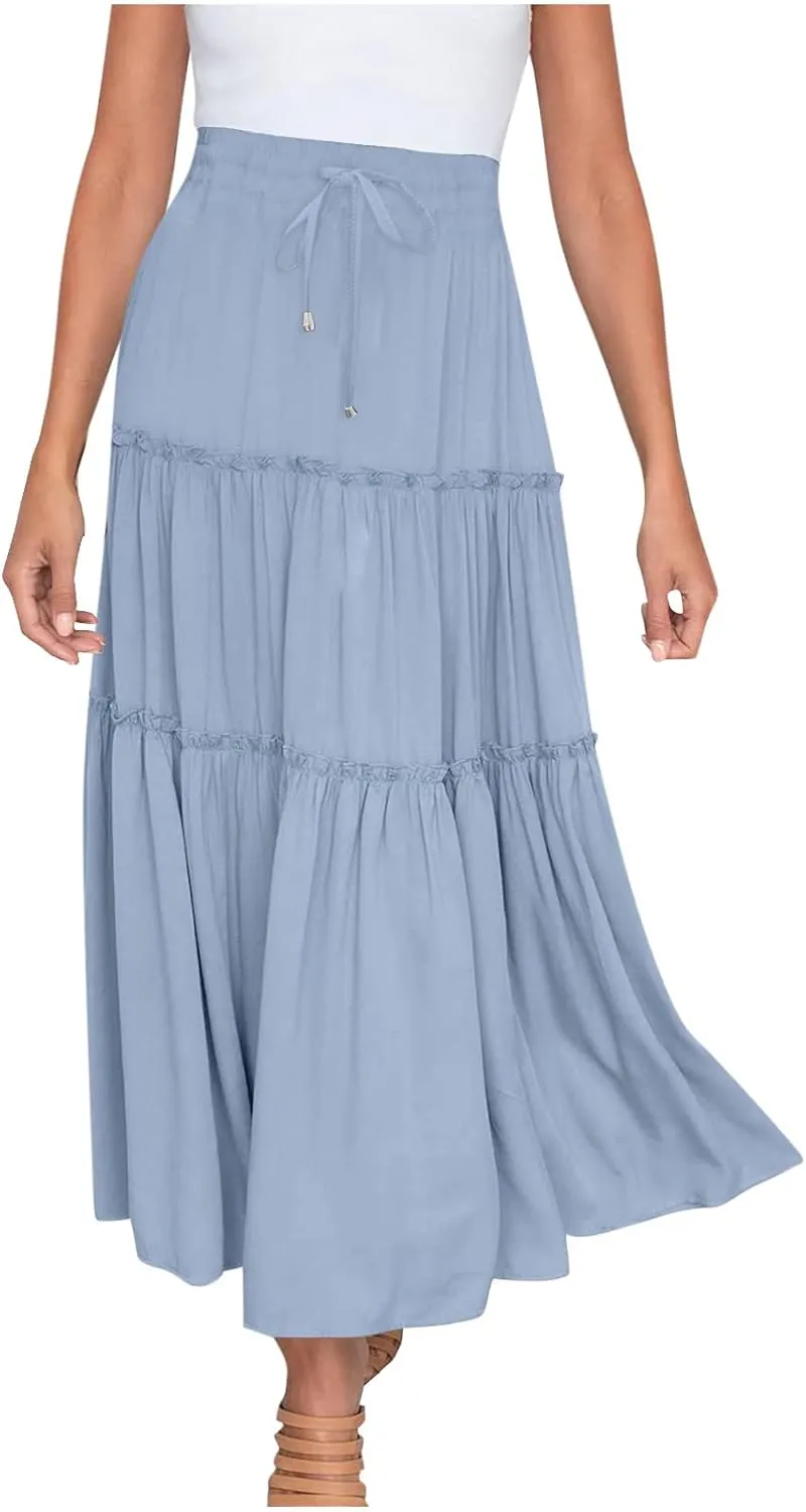 Women's Boho Long Skirts Summer Casual Ruffle Tiered Swing Beach Dress Drawstring Elastic Waist A-Line Maxi Skirt
