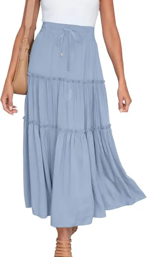 Women's Boho Long Skirts Summer Casual Ruffle Tiered Swing Beach Dress Drawstring Elastic Waist A-Line Maxi Skirt