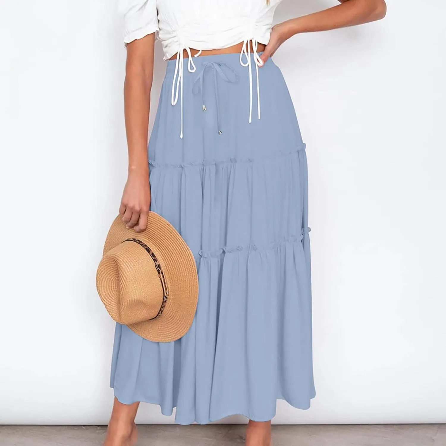 Women's Boho Long Skirts Summer Casual Ruffle Tiered Swing Beach Dress Drawstring Elastic Waist A-Line Maxi Skirt