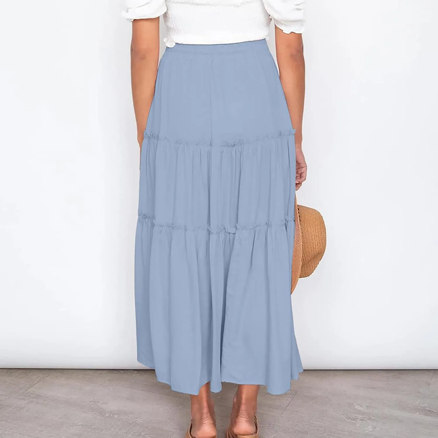 Women's Boho Long Skirts Summer Casual Ruffle Tiered Swing Beach Dress Drawstring Elastic Waist A-Line Maxi Skirt