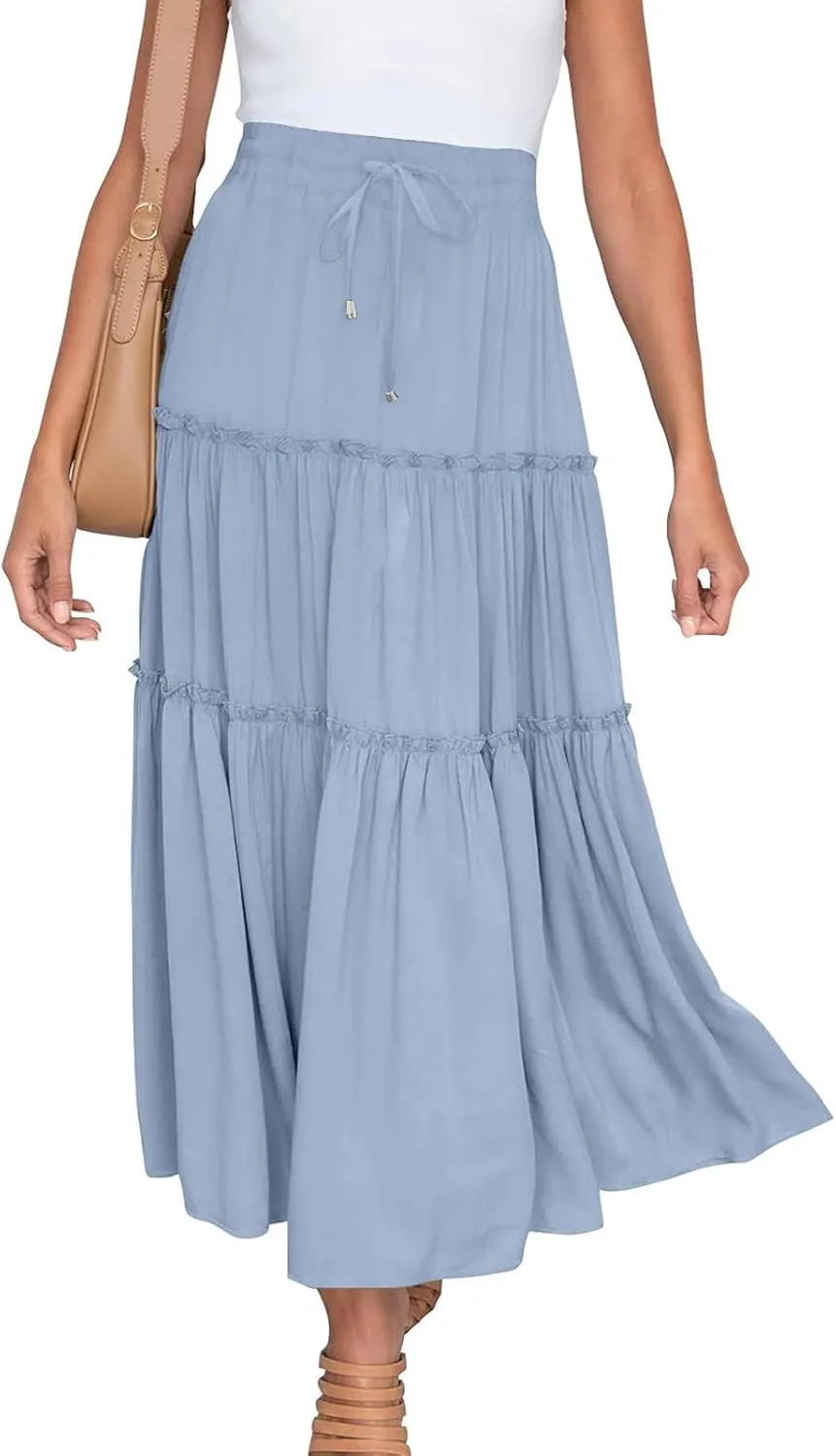 Women's Boho Long Skirts Summer Casual Ruffle Tiered Swing Beach Dress Drawstring Elastic Waist A-Line Maxi Skirt
