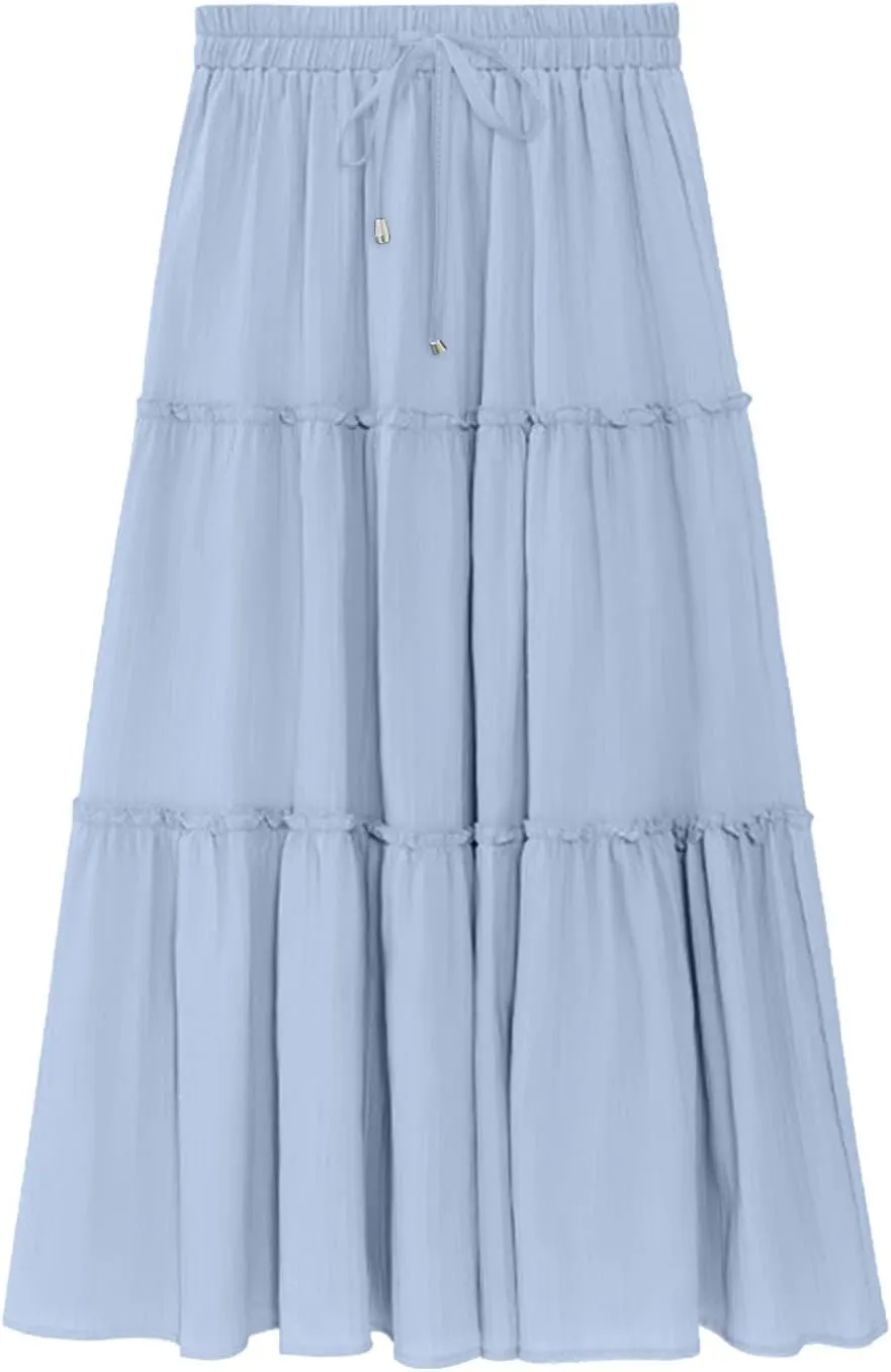Women's Boho Long Skirts Summer Casual Ruffle Tiered Swing Beach Dress Drawstring Elastic Waist A-Line Maxi Skirt