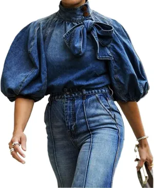 Women's Bow Design Denim Pullover Top Button Up High Neck Fashionable Jacket with Elastic and Puffs, Vintage Casual(Dark blue,2xl)