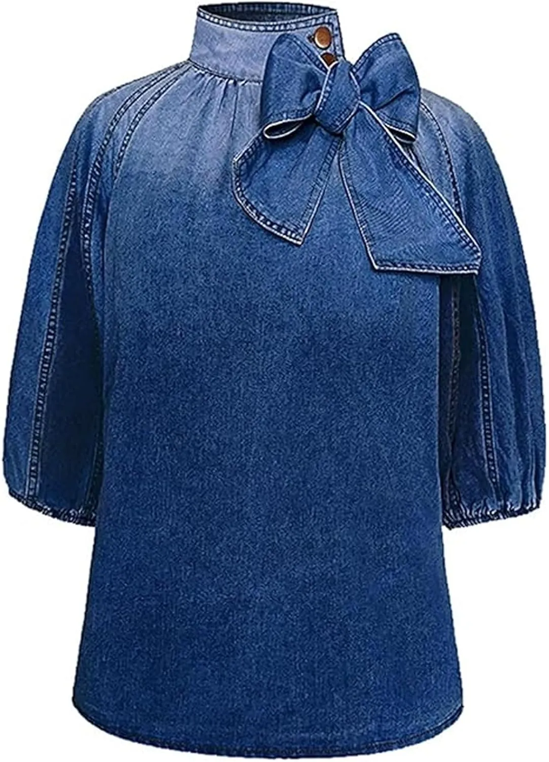 Women's Bow Design Denim Pullover Top Button Up High Neck Fashionable Jacket with Elastic and Puffs, Vintage Casual(Light blue,2xl)