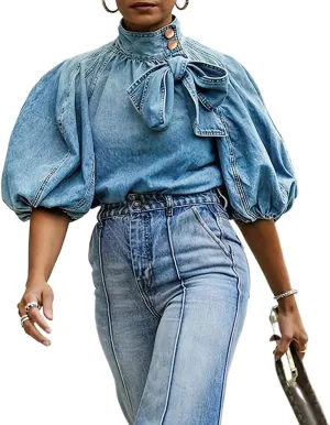 Women's Bow Design Denim Pullover Top Button Up High Neck Fashionable Jacket with Elastic and Puffs, Vintage Casual(Light blue,2xl)