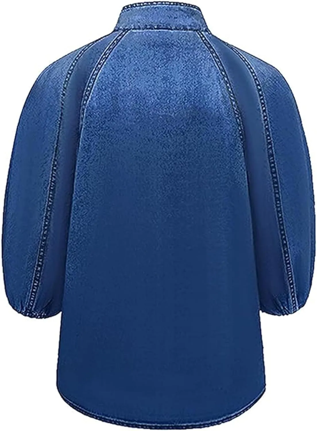 Women's Bow Design Denim Pullover Top Button Up High Neck Fashionable Jacket with Elastic and Puffs, Vintage Casual(Light blue,2xl)