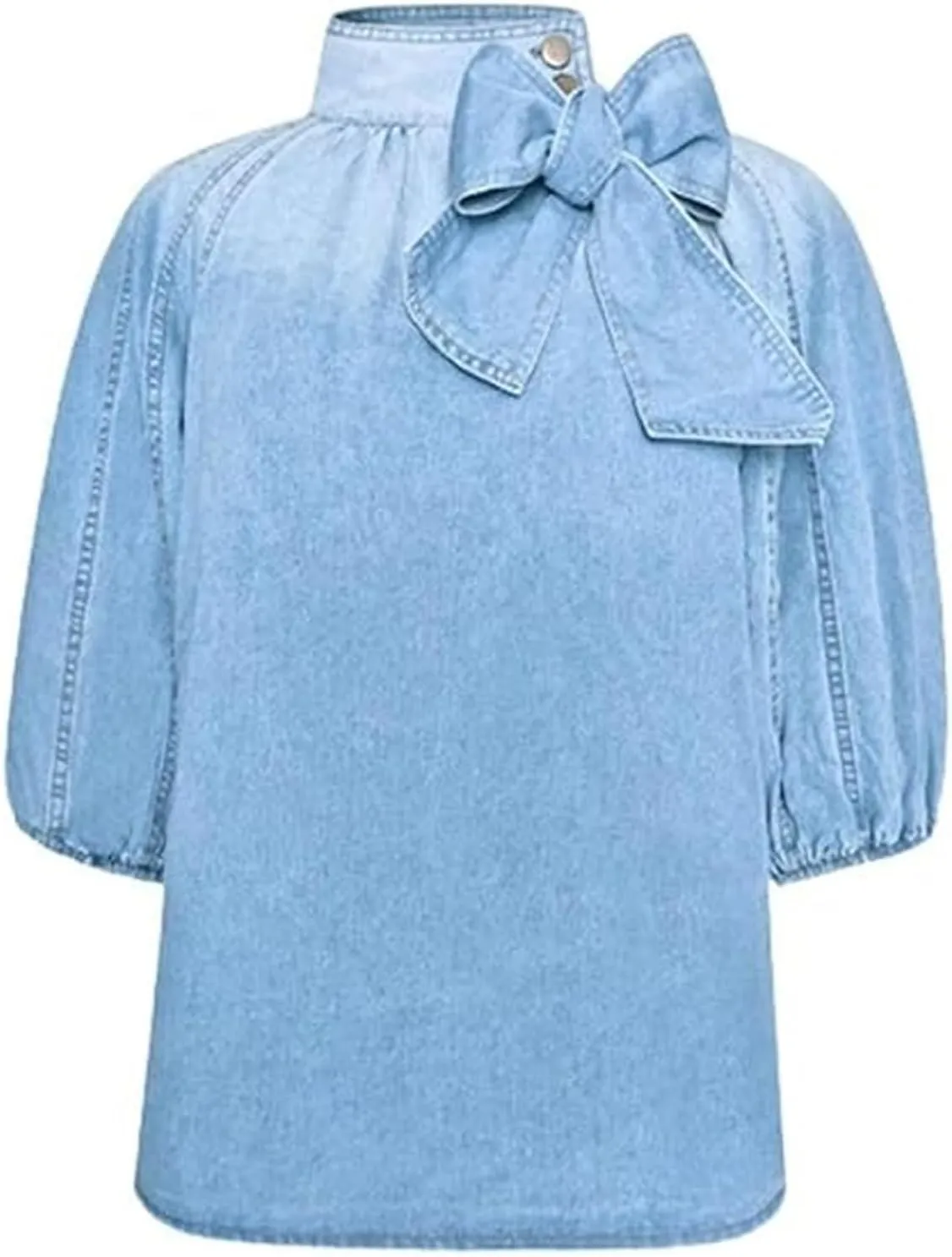 Women's Bow Design Denim Pullover Top Button Up High Neck Fashionable Jacket with Elastic and Puffs, Vintage Casual(Light blue,2xl)