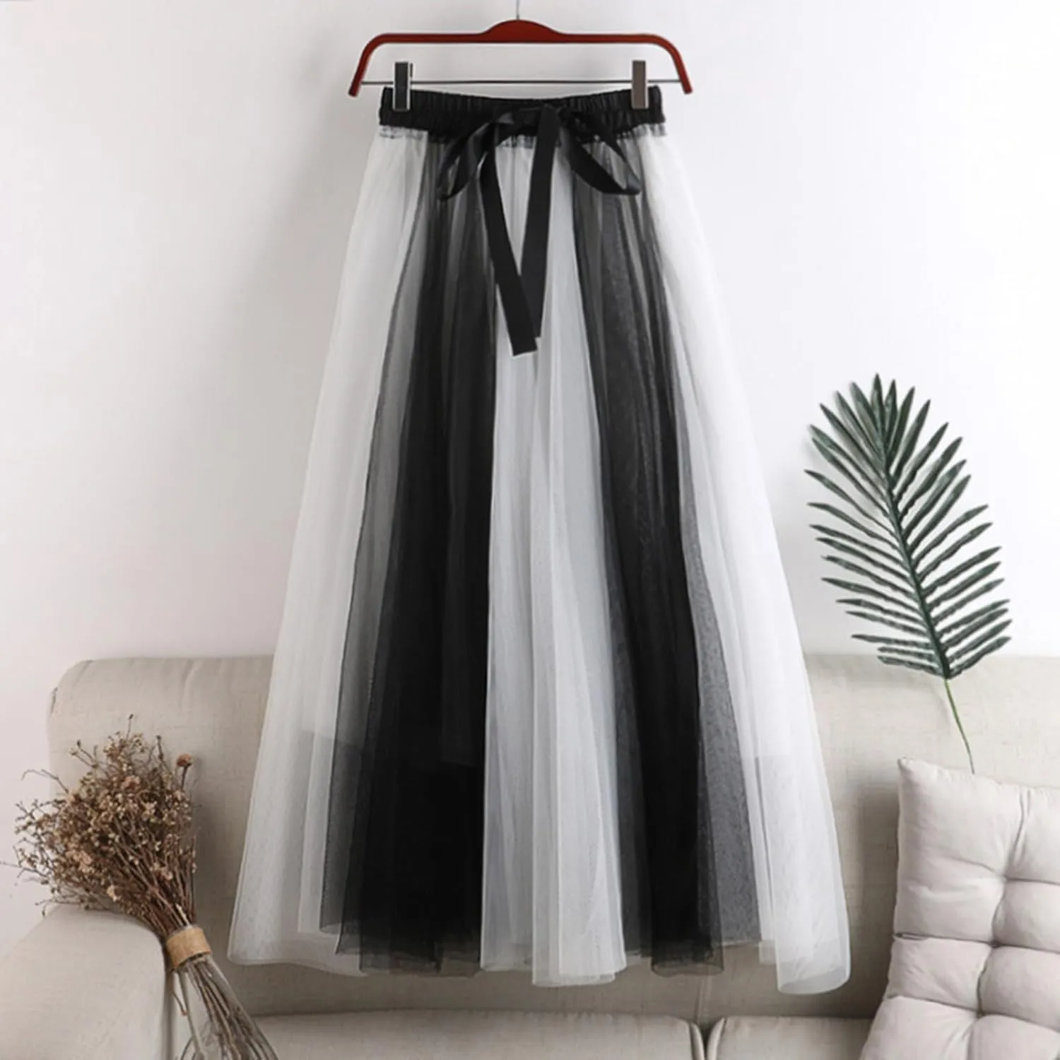 Womens Bow Knot Midi Skirt Color Block Mesh Tulle Skirt Elastic High Waist A-Line Skirts Summer Flowy Ballet Skirt