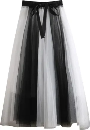 Womens Bow Knot Midi Skirt Color Block Mesh Tulle Skirt Elastic High Waist A-Line Skirts Summer Flowy Ballet Skirt