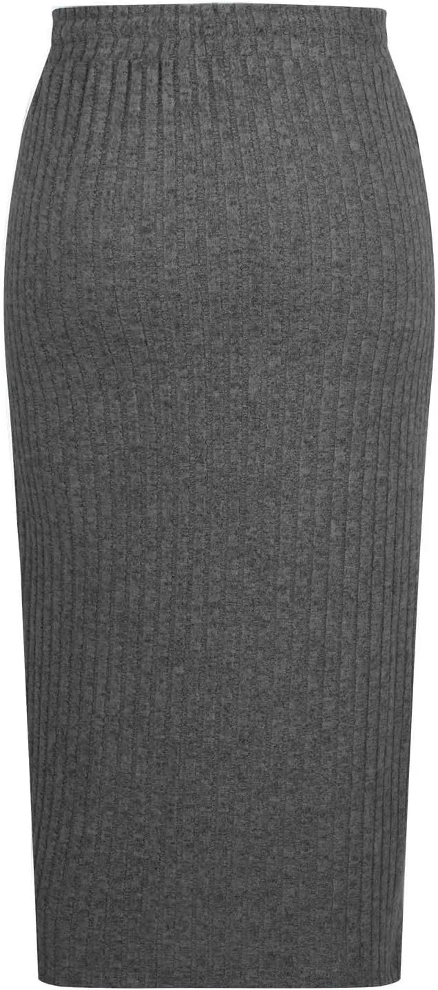 Women's Business Ribbed Knit Midi Skirts High Waist Drawstring Bodycon Skirt Fashion Slim Fit Work Office Skirts