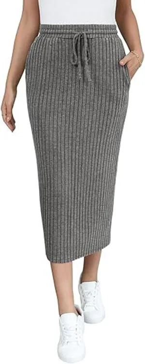 Women's Business Ribbed Knit Midi Skirts High Waist Drawstring Bodycon Skirt Fashion Slim Fit Work Office Skirts