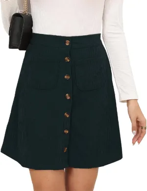 Women's Button Down Corduroy Skirts High Waist A-line Pleated Short Mini Skirt with Pockets