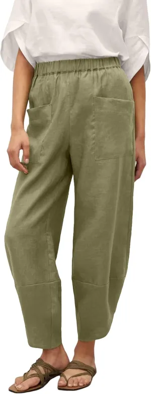 Womens Capri Pants Baggy Wide Leg Pants Linen Elastic Waisted Loose Palazzo Harem Pants with Pockets