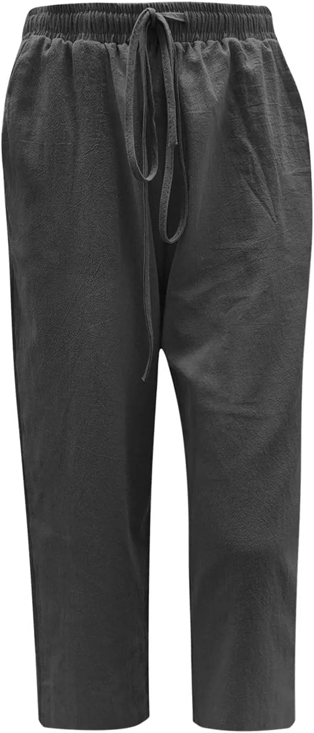 Women's Capri Pants Casual Summer Drawstring Waist Linen Pants with Pockets Lightweight Baggy Cropped Beach Trouser