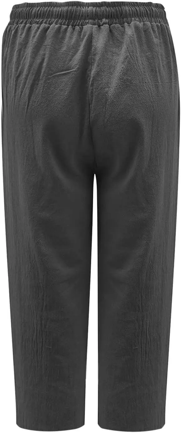 Women's Capri Pants Casual Summer Drawstring Waist Linen Pants with Pockets Lightweight Baggy Cropped Beach Trouser
