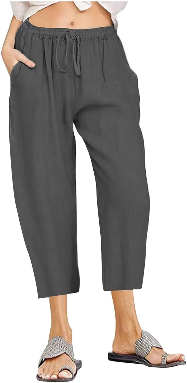Women's Capri Pants Casual Summer Drawstring Waist Linen Pants with Pockets Lightweight Baggy Cropped Beach Trouser