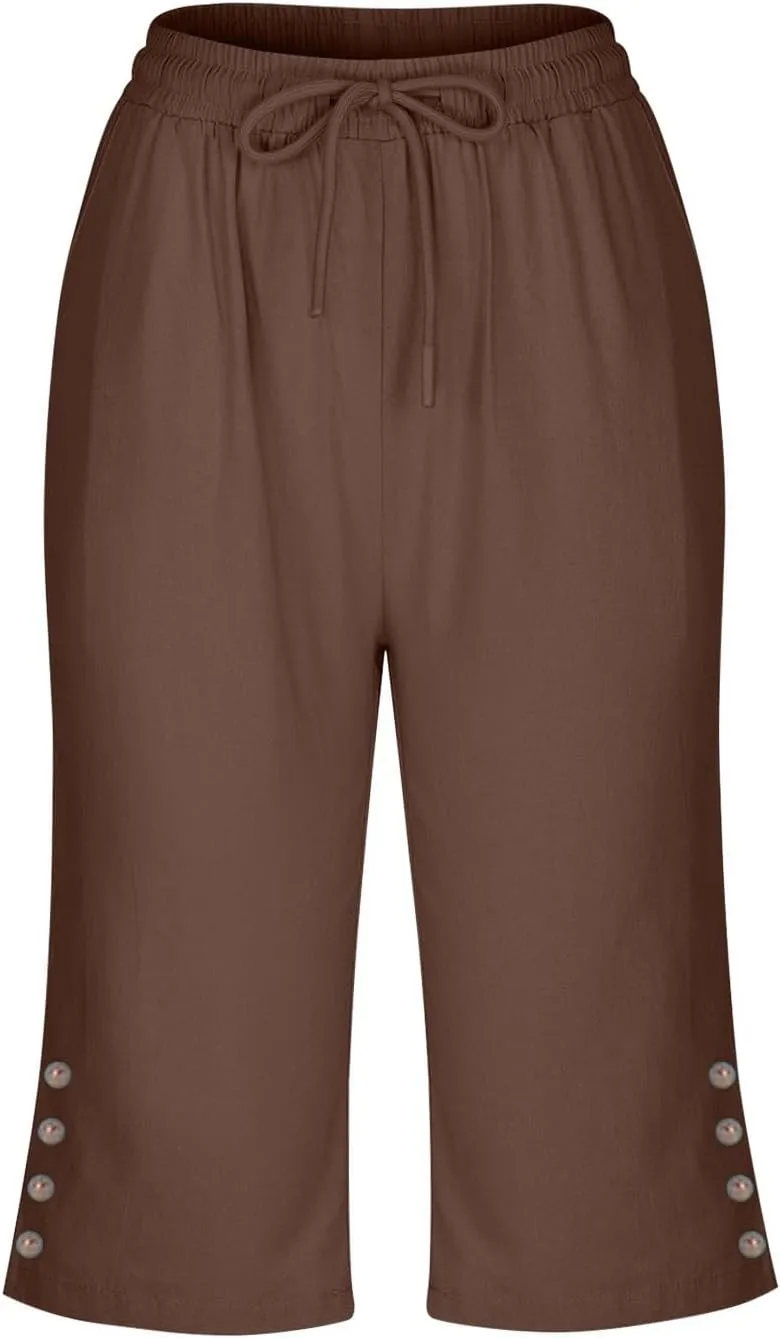 Womens Capris Pants High Waist Drawstring Comfy Casual Pants Lightweight Loose Trousers Buttons Trim with Pockets