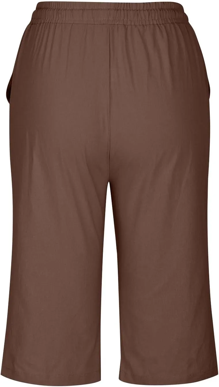 Womens Capris Pants High Waist Drawstring Comfy Casual Pants Lightweight Loose Trousers Buttons Trim with Pockets
