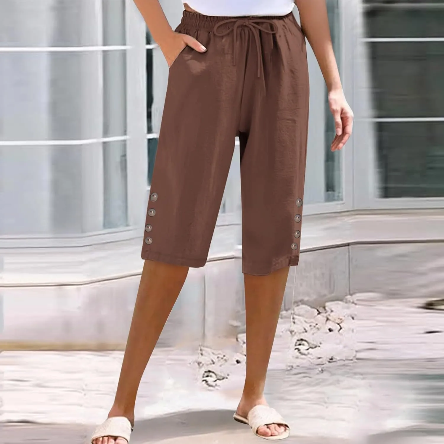 Womens Capris Pants High Waist Drawstring Comfy Casual Pants Lightweight Loose Trousers Buttons Trim with Pockets