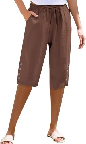 Womens Capris Pants High Waist Drawstring Comfy Casual Pants Lightweight Loose Trousers Buttons Trim with Pockets