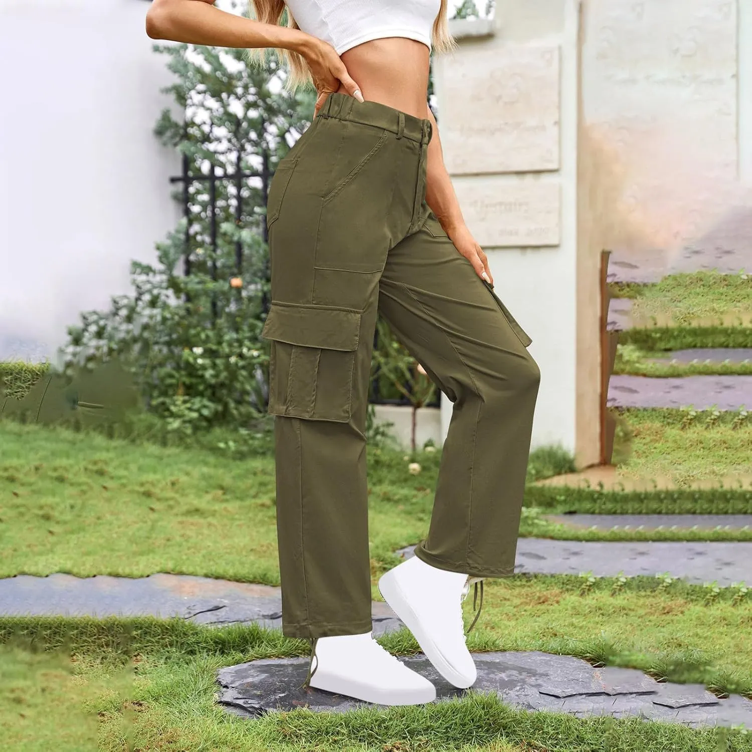 Womens Cargo Pants Wide Leg Bohemian Style Linen Blend Summer Beach Casual Pants