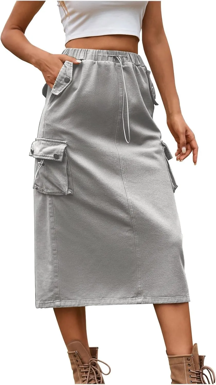 Women's Cargo Skirts with Pocket, Long Sweat Skirts 2024 Trendy Midi Length Skirt Casual Elastic Waist Half Dress