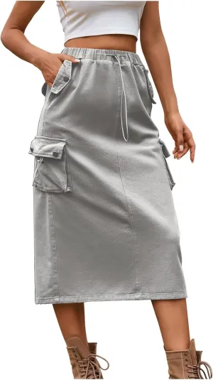 Women's Cargo Skirts with Pocket, Long Sweat Skirts 2024 Trendy Midi Length Skirt Casual Elastic Waist Half Dress