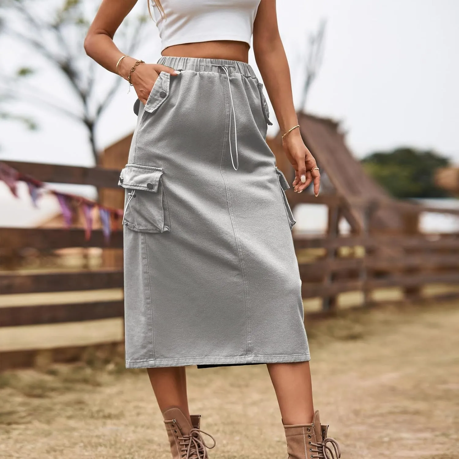 Women's Cargo Skirts with Pocket, Long Sweat Skirts 2024 Trendy Midi Length Skirt Casual Elastic Waist Half Dress