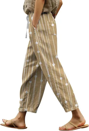Womens Casual Cotton Linen Pants Drawstring Elastic Waist Lounge Pants Dot Printed Loose Fit Summer Beach Trousers