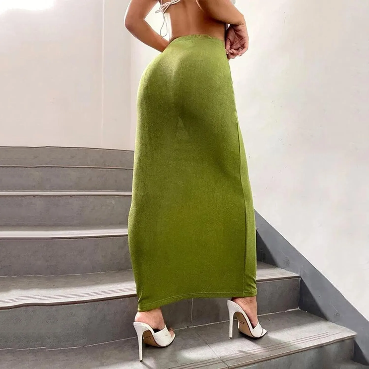 Womens Casual Elastic High Waist Skirts Summer Solid Bodycon Long Maxi Skirt Sexy Slim Trendy Party Half Slip Skirts