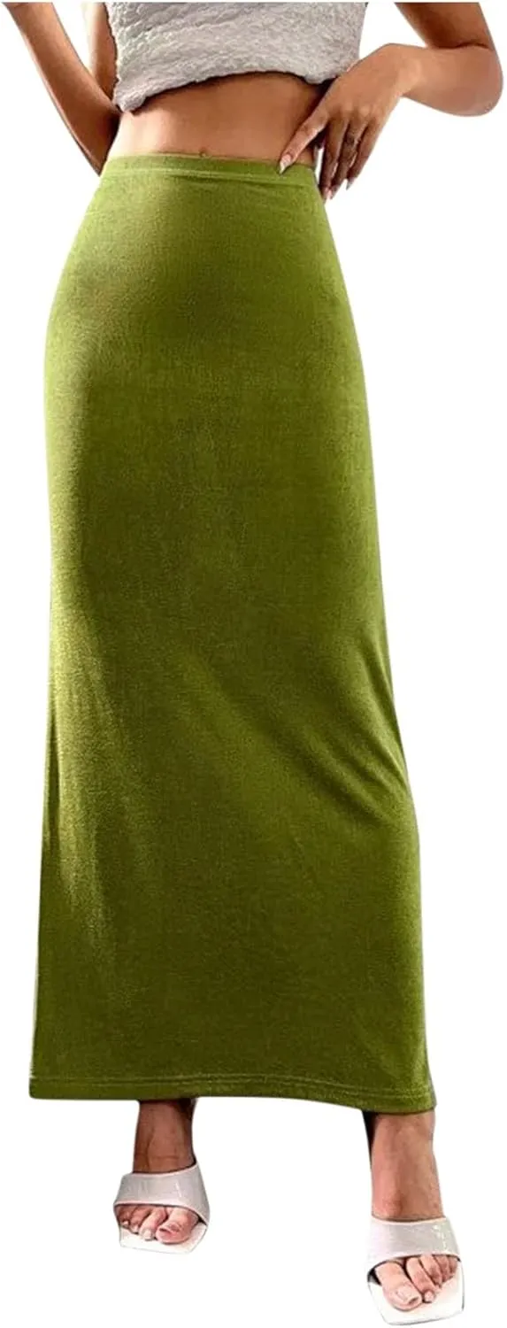 Womens Casual Elastic High Waist Skirts Summer Solid Bodycon Long Maxi Skirt Sexy Slim Trendy Party Half Slip Skirts