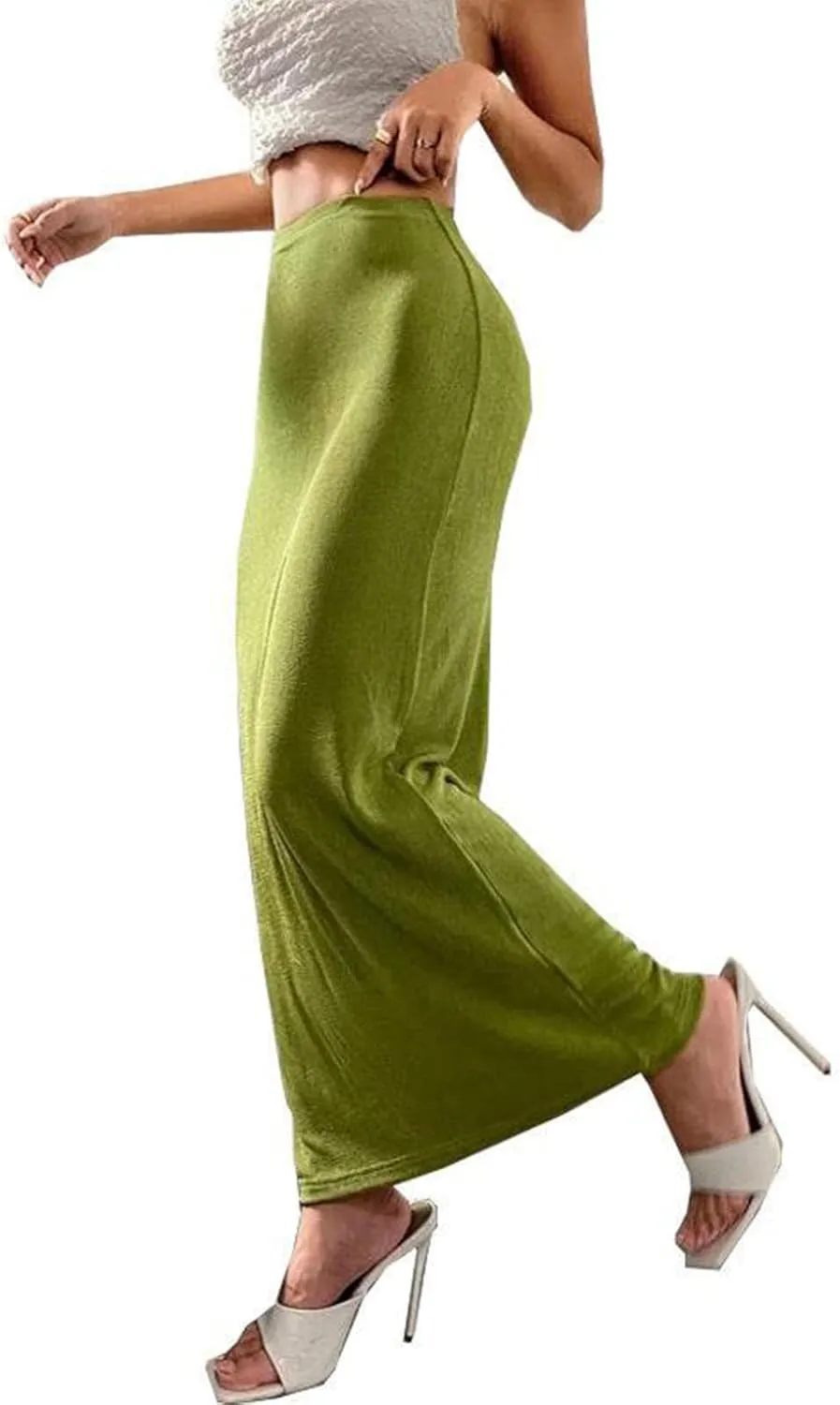 Womens Casual Elastic High Waist Skirts Summer Solid Bodycon Long Maxi Skirt Sexy Slim Trendy Party Half Slip Skirts