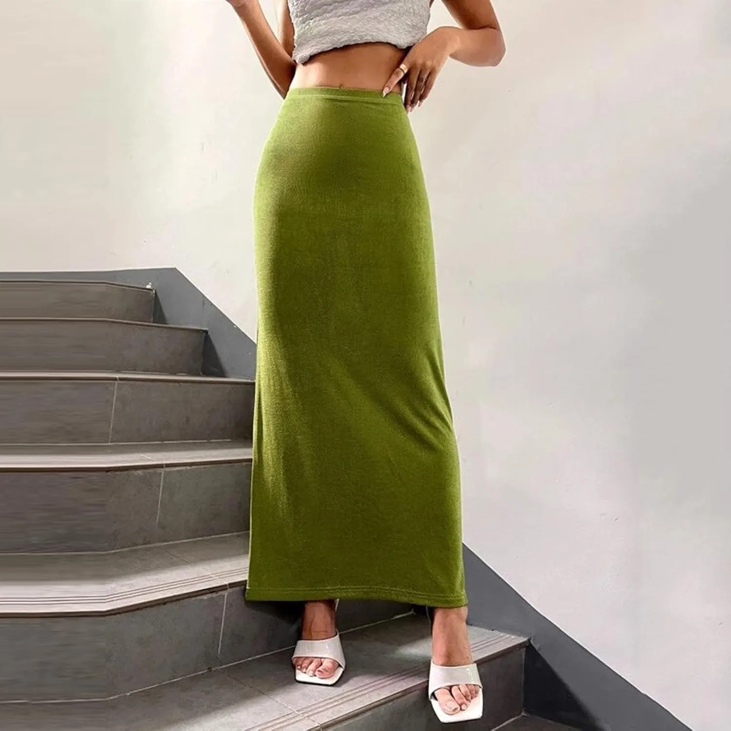 Womens Casual Elastic High Waist Skirts Summer Solid Bodycon Long Maxi Skirt Sexy Slim Trendy Party Half Slip Skirts