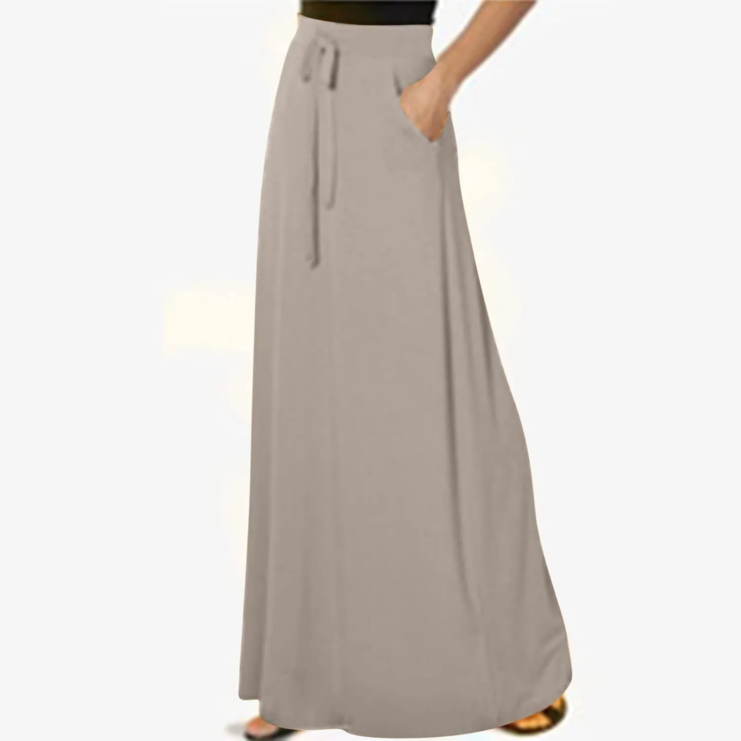 Women's Casual Flared Maxi Skirts Drawstring High Waist A Line Long Skirts Casual Slim Fit Pencil Skirt with Pockets