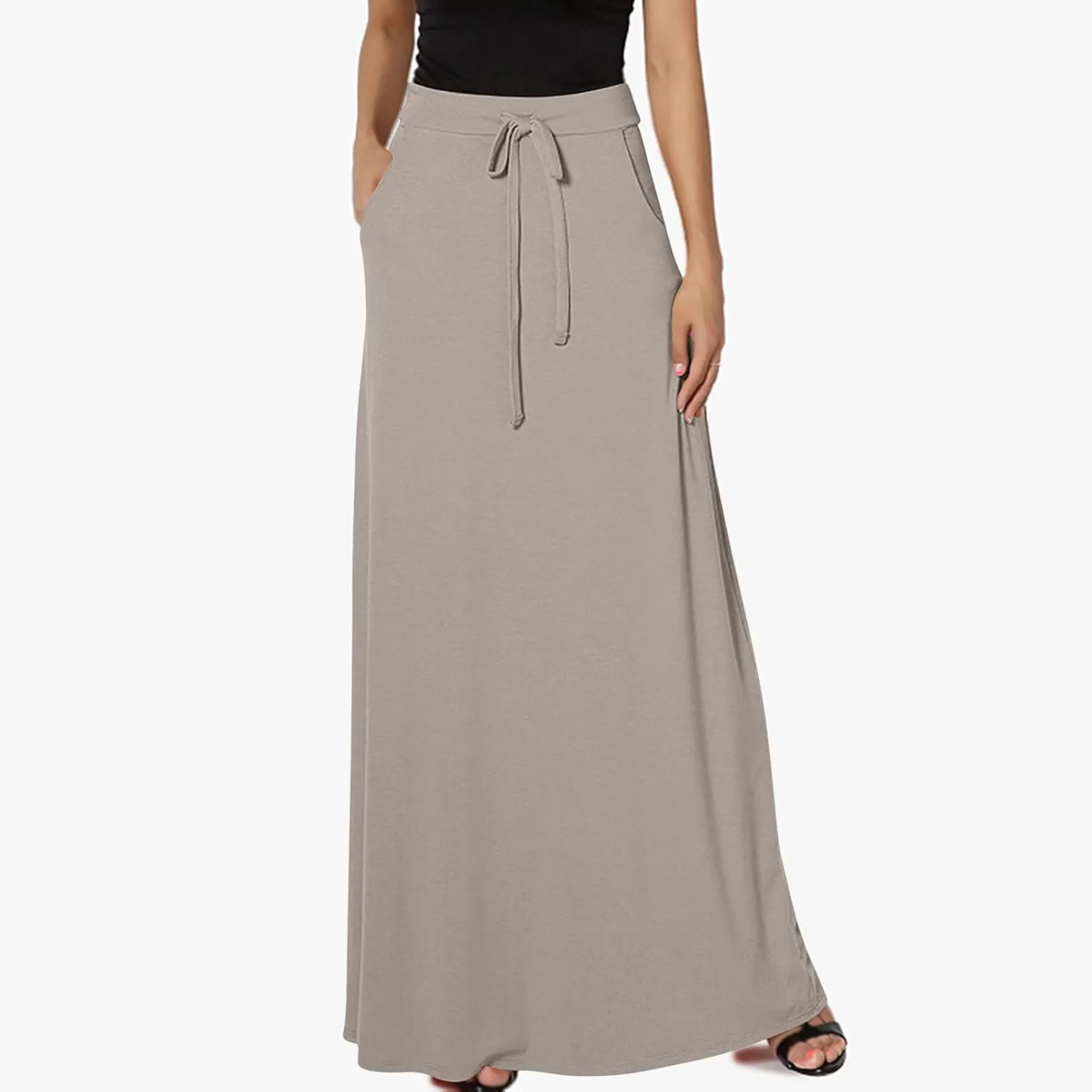 Women's Casual Flared Maxi Skirts Drawstring High Waist A Line Long Skirts Casual Slim Fit Pencil Skirt with Pockets