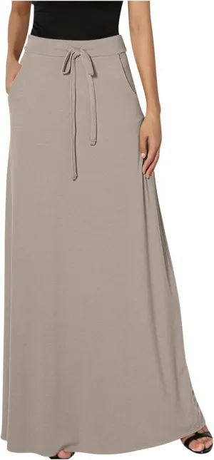Women's Casual Flared Maxi Skirts Drawstring High Waist A Line Long Skirts Casual Slim Fit Pencil Skirt with Pockets
