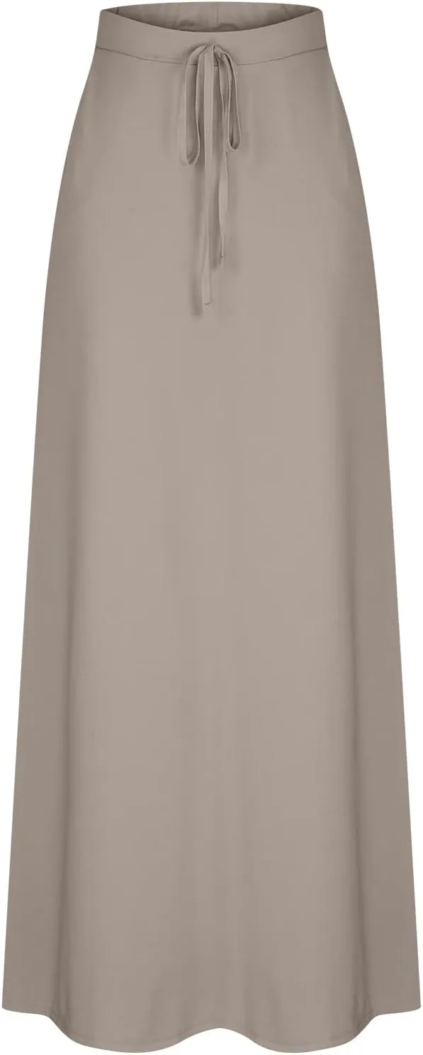 Women's Casual Flared Maxi Skirts Drawstring High Waist A Line Long Skirts Casual Slim Fit Pencil Skirt with Pockets