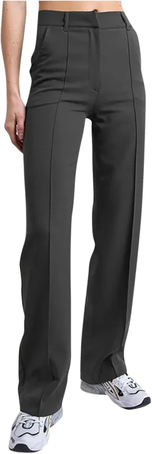 Womens Casual High Waist Straight Leg Ankle Business Dress Pants Stretchy Button Business Dress Work Pocket Trousers