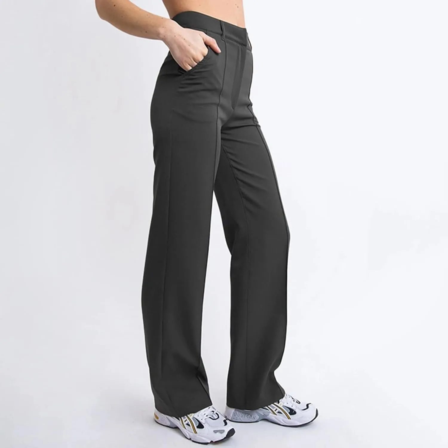 Womens Casual High Waist Straight Leg Ankle Business Dress Pants Stretchy Button Business Dress Work Pocket Trousers