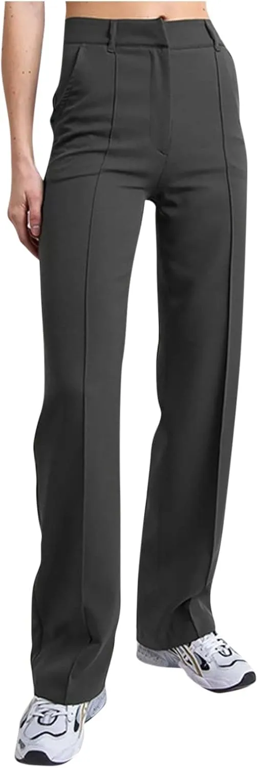 Womens Casual High Waist Straight Leg Ankle Business Dress Pants Stretchy Button Business Dress Work Pocket Trousers