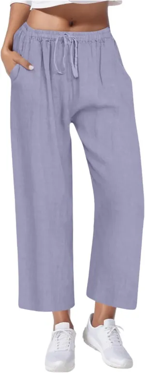Women's Casual Linen Trousers Solid Color Elastic Waisted High Waist Bandage Home Pants with Pocket 2025 Fashion