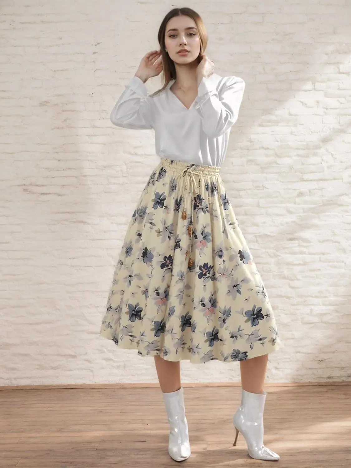 Women's Chiffon Floral Elastic Waist Flowy Swing Skirts Summer Trendy A Line Ruffle Flared Midi Skirt with Drawstring