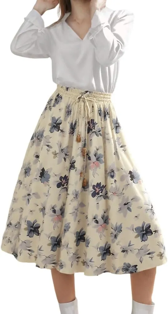 Women's Chiffon Floral Elastic Waist Flowy Swing Skirts Summer Trendy A Line Ruffle Flared Midi Skirt with Drawstring