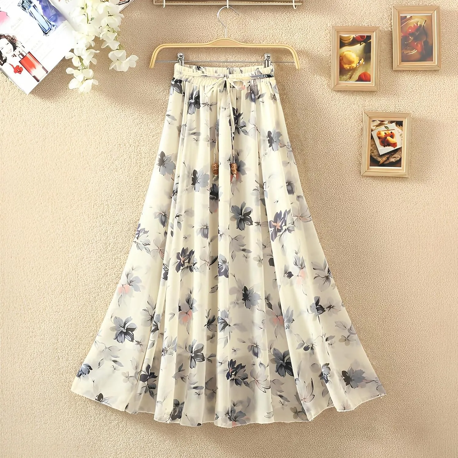 Women's Chiffon Floral Elastic Waist Flowy Swing Skirts Summer Trendy A Line Ruffle Flared Midi Skirt with Drawstring