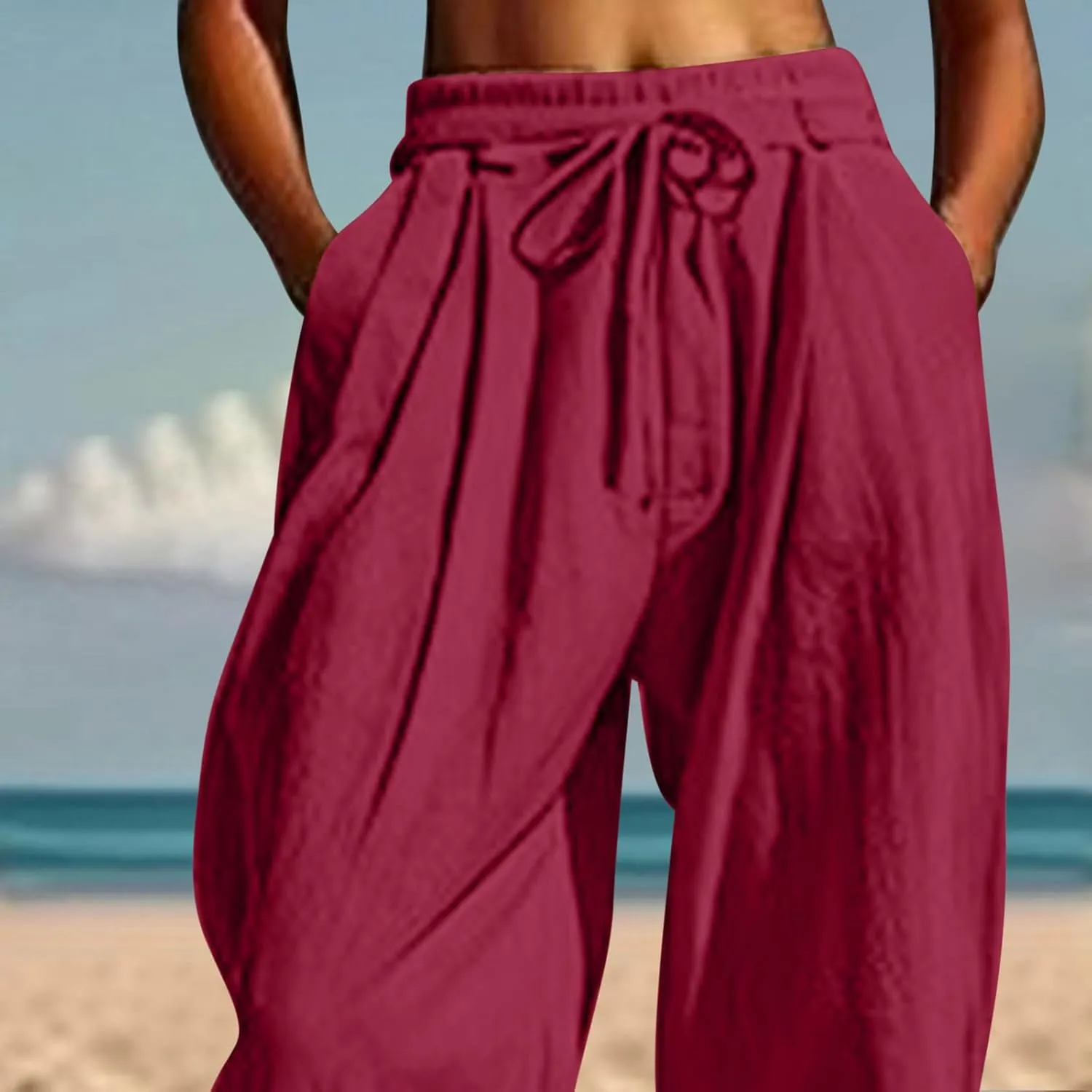 Womens Cinch Bottom Cotton Linen Pants Summer Casual Solid High Waist Drawstring Trousers Baggy Trouser with Pockets